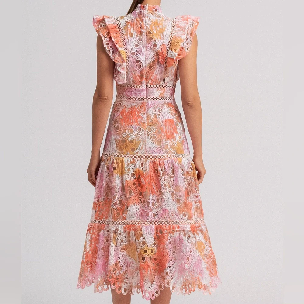 🆕 Dalia MacPhee Eyelet Embroidered Midi Dress Floral Ruffle Wedding Size Small - Picture 3 of 17